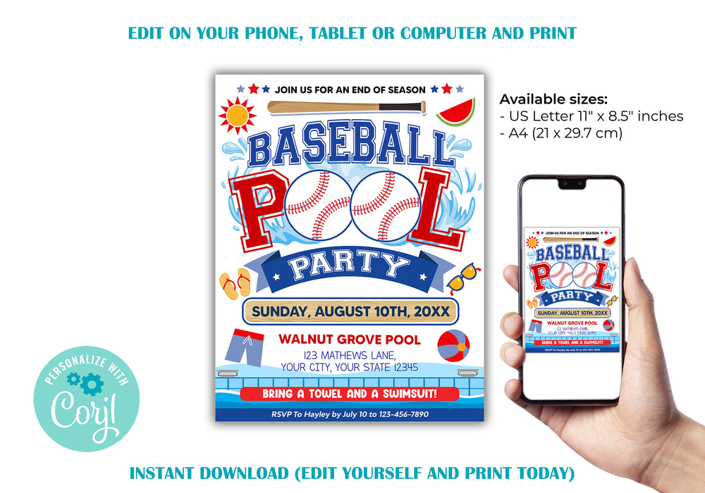 Customizable Baseball Pool Party Flyer Template | End of Season Sports Pool Party Bash Flyer