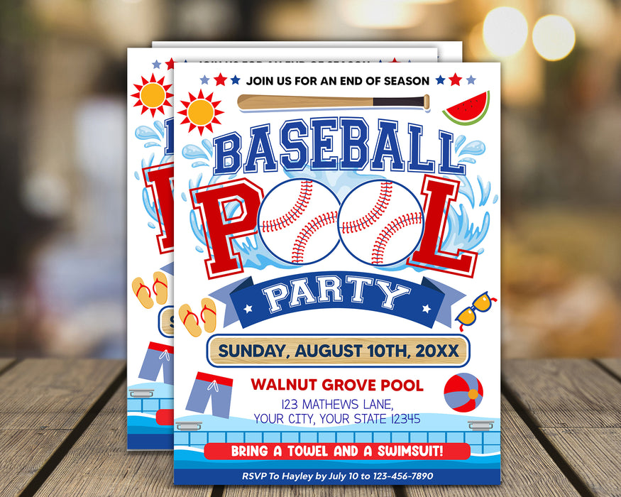 Customizable Baseball Pool Party Flyer Template | End of Season Sports Pool Party Bash Flyer