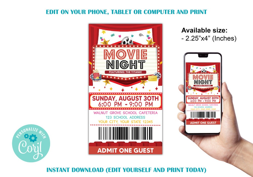 DIY Movie Night Ticket Template | Cinema Movie Party Invitation