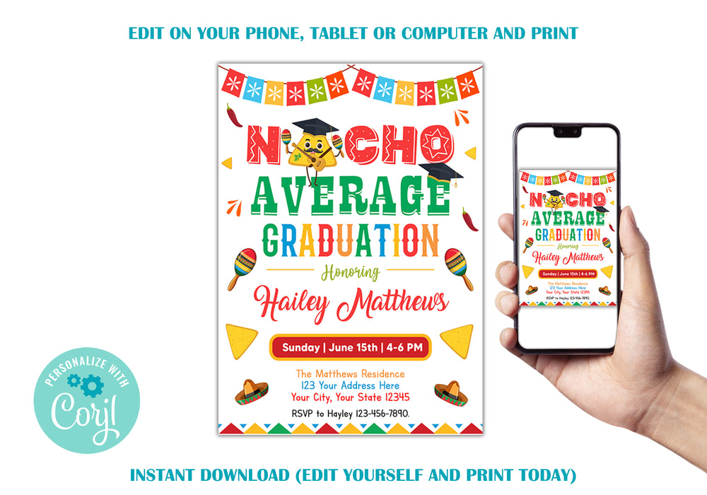 Customizable Nacho Average Graduation Invitation Template | Fiesta Grad Party Invite