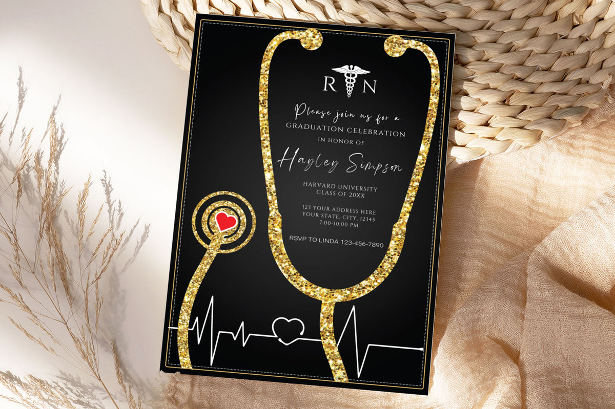 Nurse Graduation Invitation Template | Black and Gold Nursing Grad Invite - Posh Park nurse-graduation-invitation-template-black-and-gold-nursing-grad-invite-posh-park