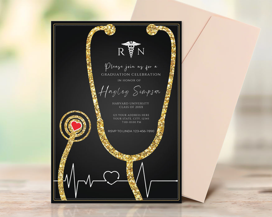 Nurse Graduation Invitation Template | Black and Gold Nursing Grad Invite - Posh Park nurse-graduation-invitation-template-black-and-gold-nursing-grad-invite-posh-park