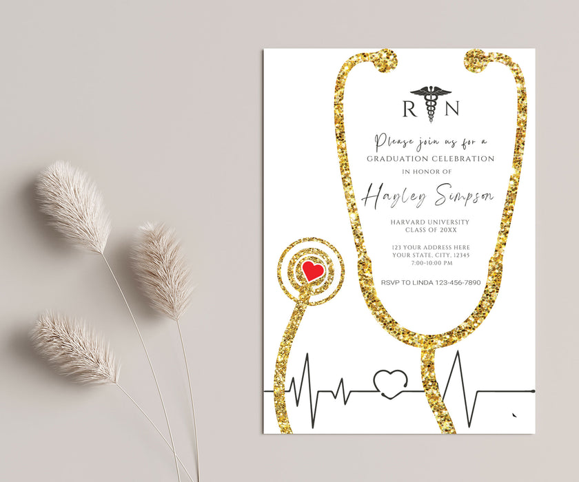 Customizable Nurse Graduation Invitation Gold Design | Nursing Grad Invite Template