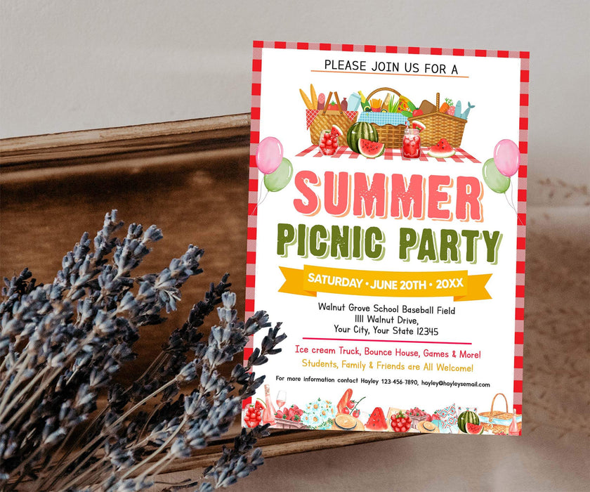 Customizable Summer Picnic Party Invitation Template | Summer Event Picnic Invite for School and Family Reunion