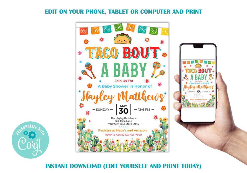 DIY Taco Bout A Baby Shower Mexican Themed Invitation | Fiesta Baby Shower Invite Template
