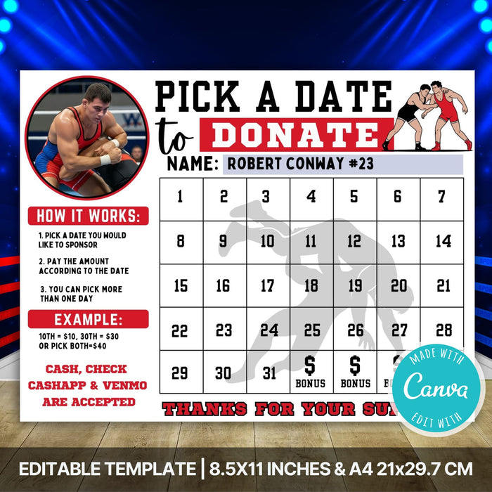 Editable sports fundraising calendar for wrestling