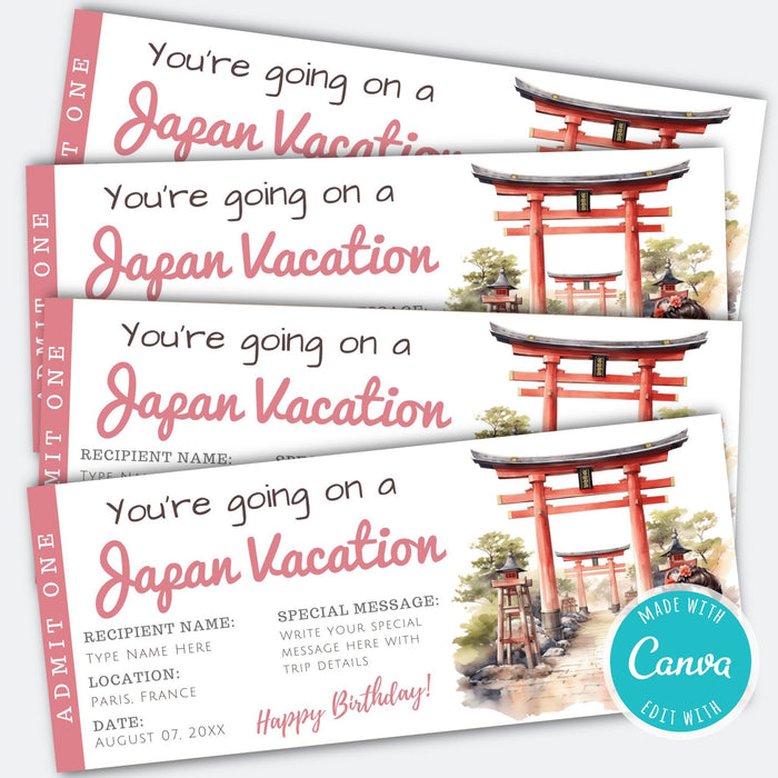 Editable boarding pass Japan travel gift