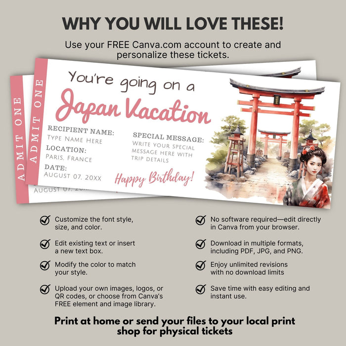Japan boarding pass gift template for travel lovers