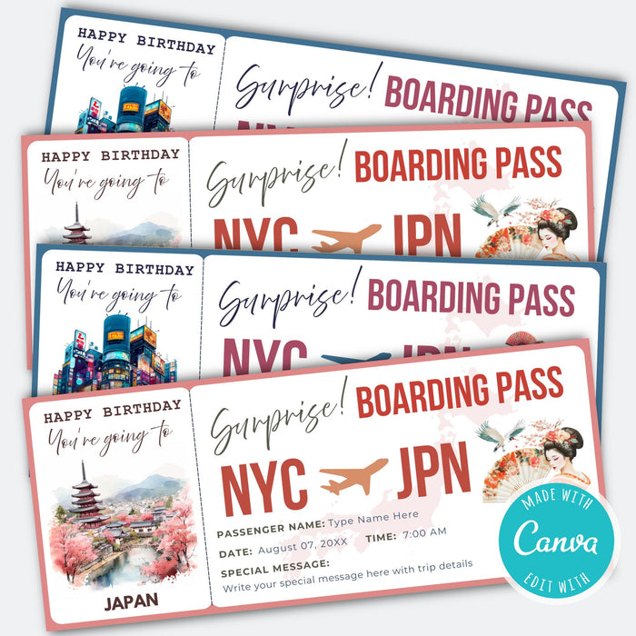 Editable boarding pass gift Japan trip