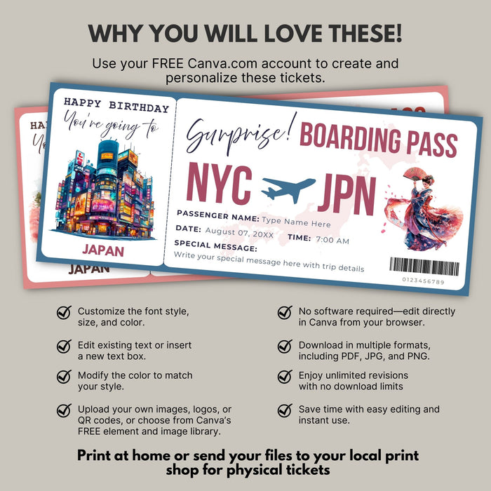 Customizable Japan boarding pass travel gift