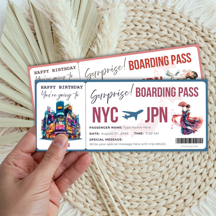 Printable Japan trip boarding pass announcement