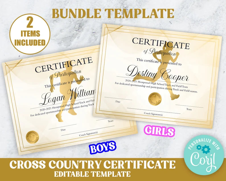 DIY Cross Country Certificate Bundle for Boys and Girls | Sport Award Track and Field Certificate Template