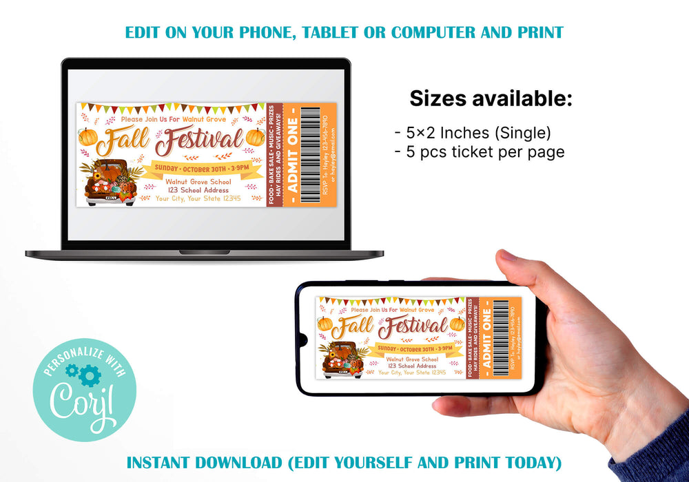 Entry Ticket Fall Customizable Fall Harvest Ticket Template | Fall Autumn Harvest ...