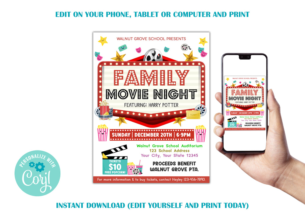 Customizable Family Movie Night Ticket and Flyer Template | Cinema Movie Party Benefit Fundraiser Event