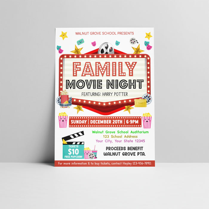 Customizable Family Movie Night Ticket and Flyer Template | Cinema Movie Party Benefit Fundraiser Event