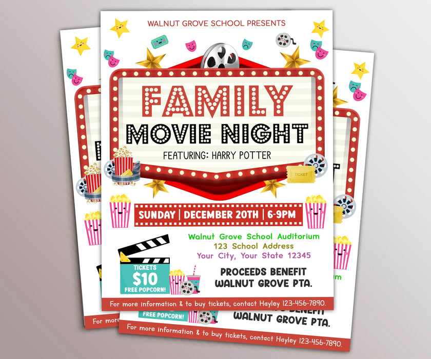 Customizable Family Movie Night Ticket and Flyer Template | Cinema Movie Party Benefit Fundraiser Event