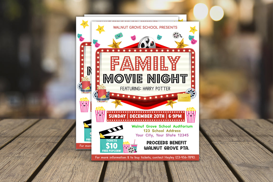 Customizable Family Movie Night Ticket and Flyer Template | Cinema Movie Party Benefit Fundraiser Event