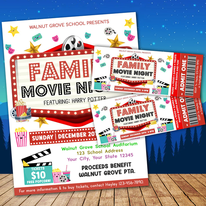 Customizable Family Movie Night Ticket and Flyer Template | Cinema Movie Party Benefit Fundraiser Event