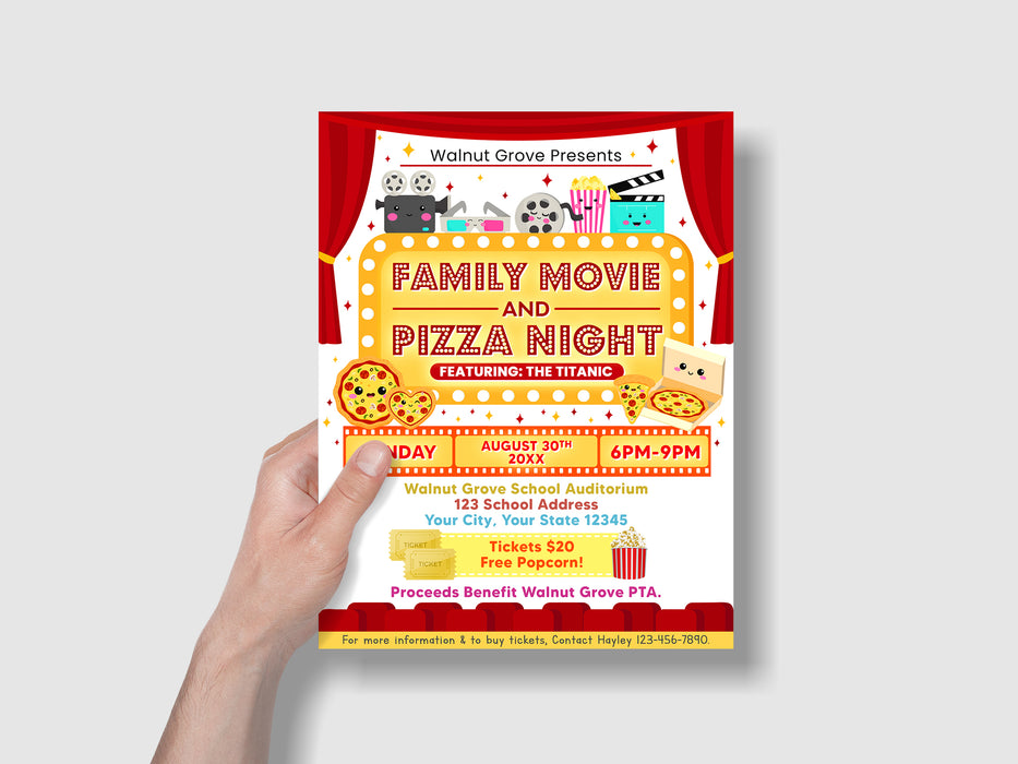 Customizable Pizza and Movie Night Ticket and Flyer Template | Cinema Movie Benefit Fundraiser Event