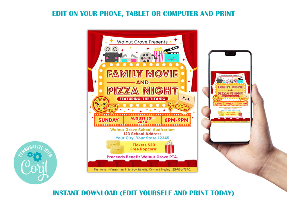 Customizable Pizza and Movie Night Ticket and Flyer Template | Cinema Movie Benefit Fundraiser Event