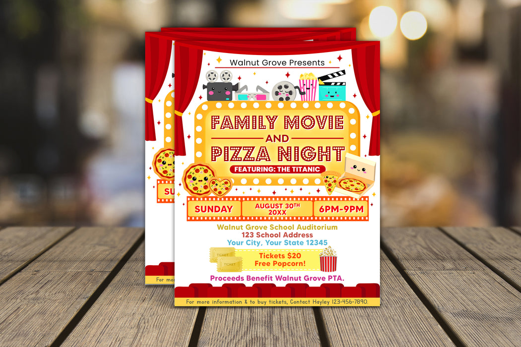 Customizable Pizza and Movie Night Ticket and Flyer Template | Cinema Movie Benefit Fundraiser Event