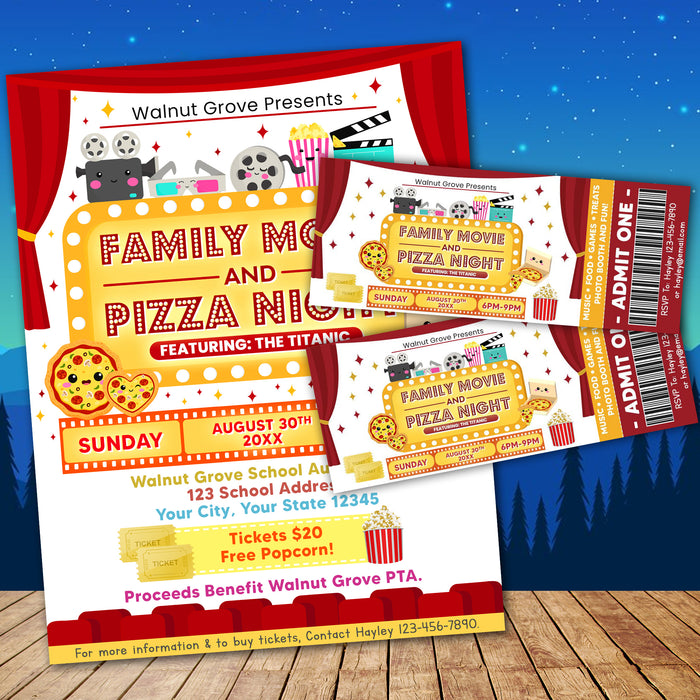 Customizable Pizza and Movie Night Ticket and Flyer Template | Cinema Movie Benefit Fundraiser Event