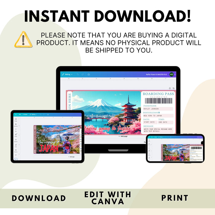 Printable gift boarding pass Japan trip