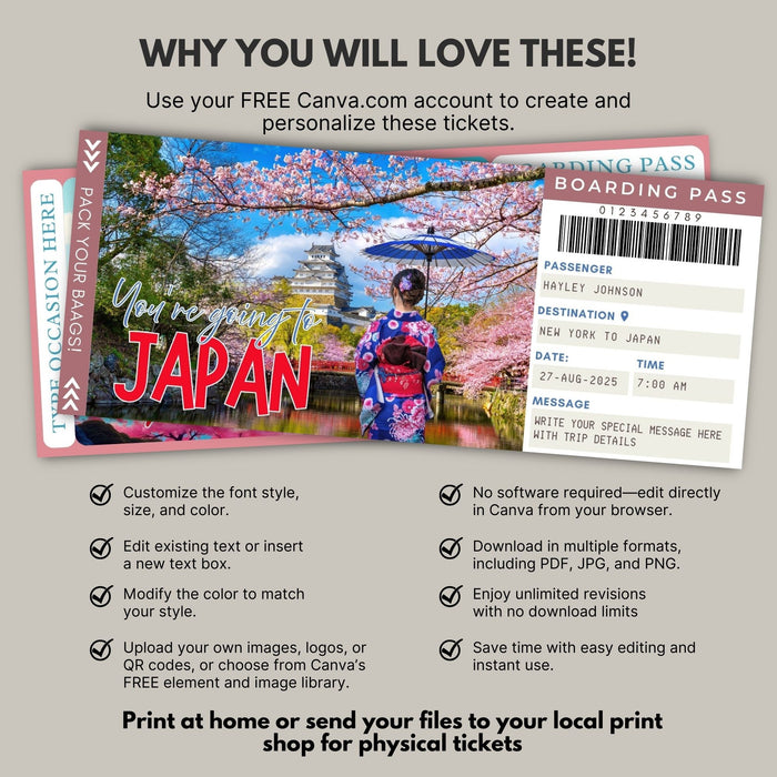 Japan travel gift boarding pass template