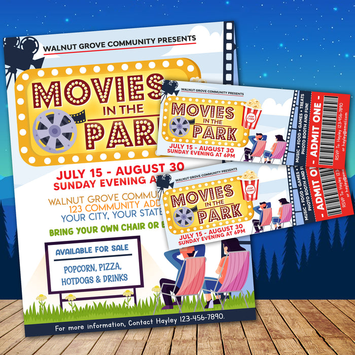 DIY Movies In The Park Ticket and Flyer Bundle Template | Outdoor Benefit Fundraiser Event