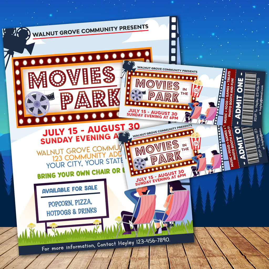 Customizable Movies In The Park Fundraiser Ticket and Flyer Bundle