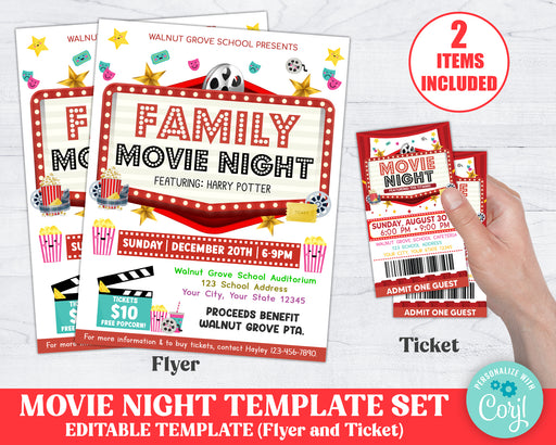 Customizable Movie Night Ticket and Flyer Set | Movie Night Invite Flyer Ticket Bundle