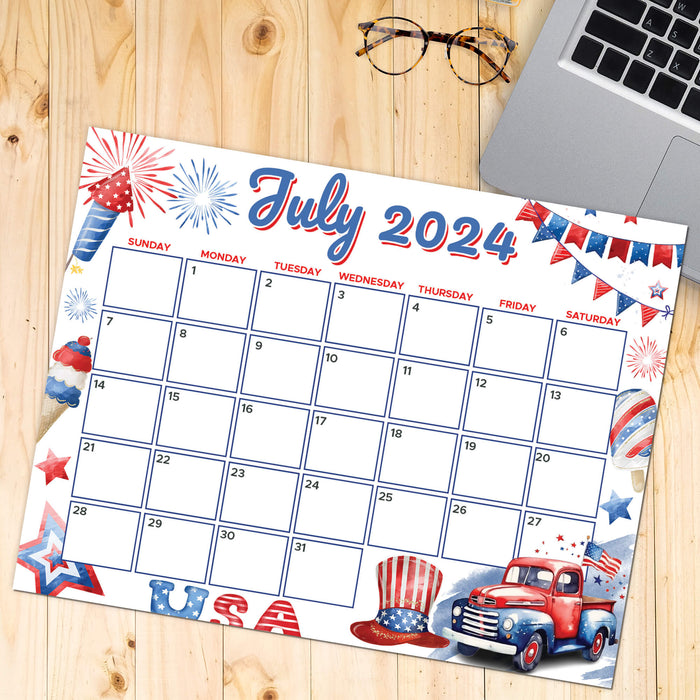 PDF Patriotic Independence Day Themed Calendar | Printable 4th of July Monthly Planner