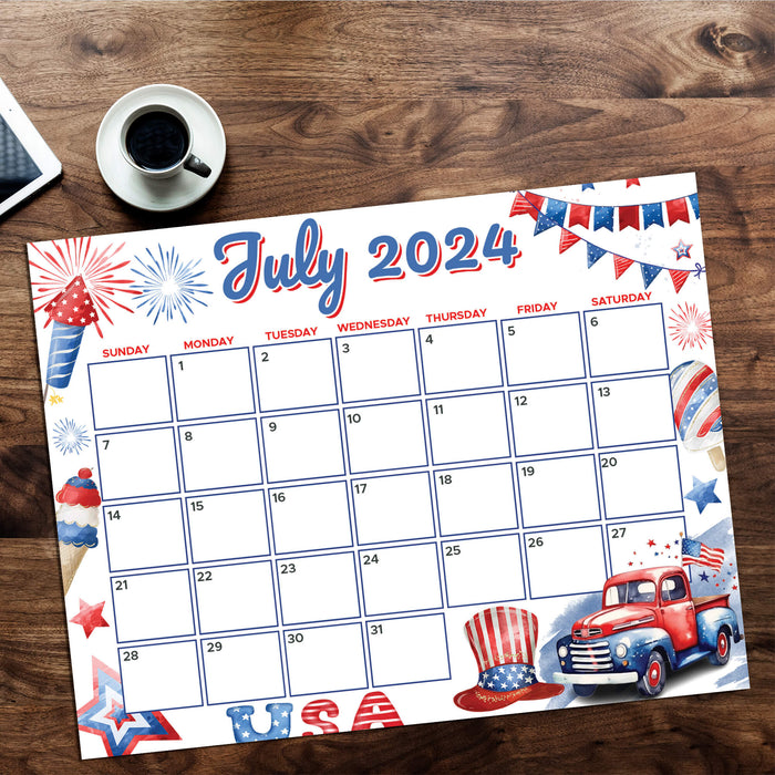 PDF Patriotic Independence Day Themed Calendar | Printable 4th of July Monthly Planner