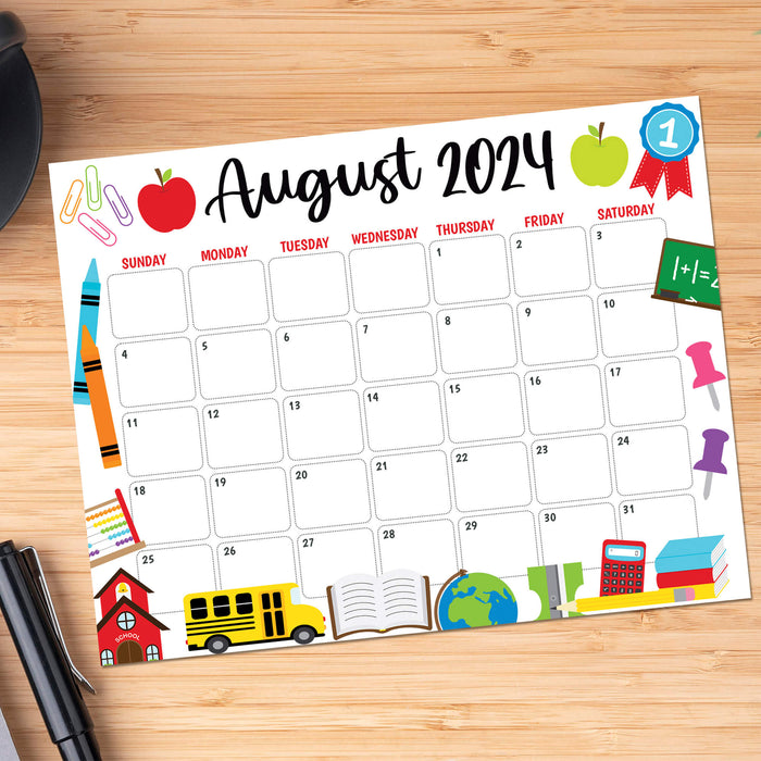 Make your august planning fun with our back-to-school theme august printable calendar! This pdf printable calendar features colorful and engaging graphics of crayons, books, and paper clips, setting a cheerful tone for the new school year. Ideal for classrooms and home study areas alike. 