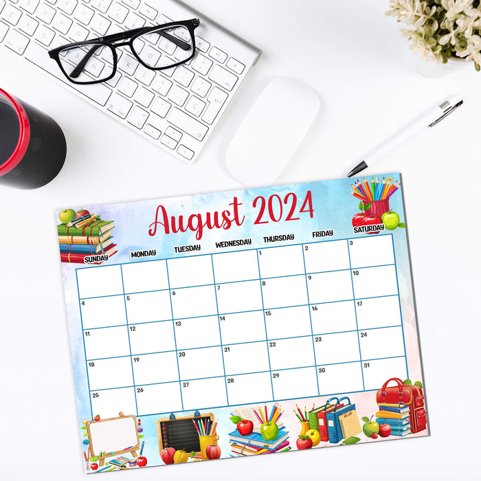 Welcome the school season with our back-to-school themed august calendar! This printable pdf calendar is designed with delightful illustrations of school supplies, making it perfect for organizing your month. Great for teachers, students, and parents looking to stay on top of school events.