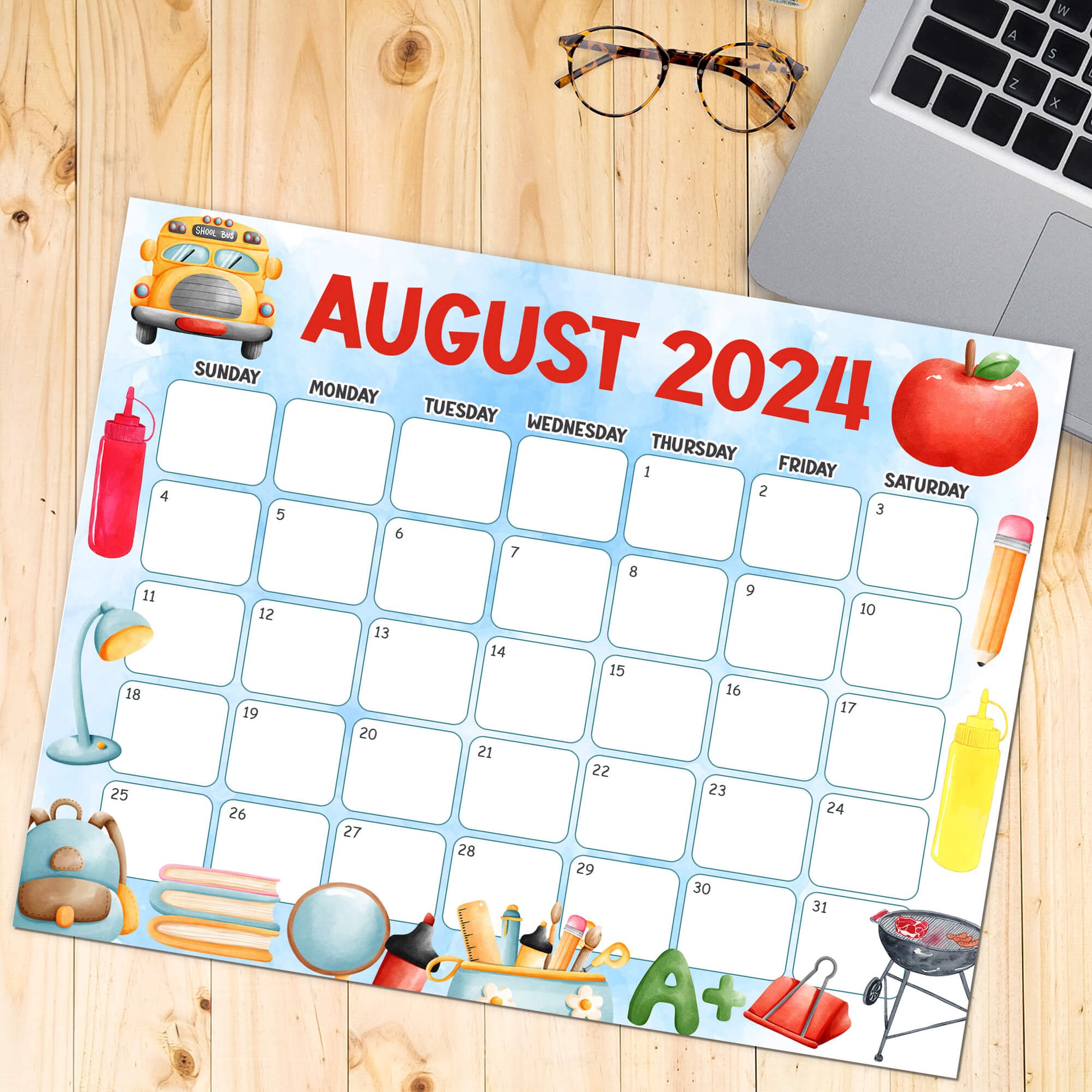 PDF August 2024 Back To School Themed Calendar Printable School Days