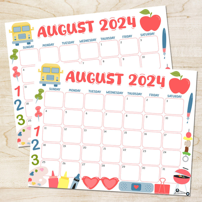Stay excited about the new school year with our fun printable back-to-school august calendar! This printable pdf calendar is adorned with lively graphics of school items like apple, paper pins, and crayon. It’s a fantastic way to keep your month organized and full of back-to-school spirit.