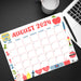 Stay excited about the new school year with our fun printable back-to-school august calendar! This printable pdf calendar is adorned with lively graphics of school items like apple, paper pins, and crayon. It’s a fantastic way to keep your month organized and full of back-to-school spirit.