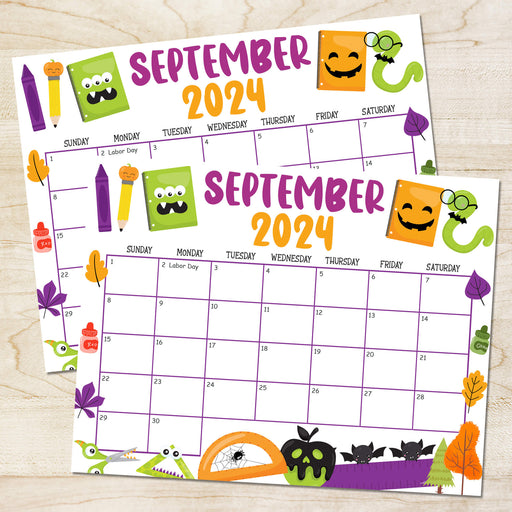 School Themed September 2024 Printable Calendar