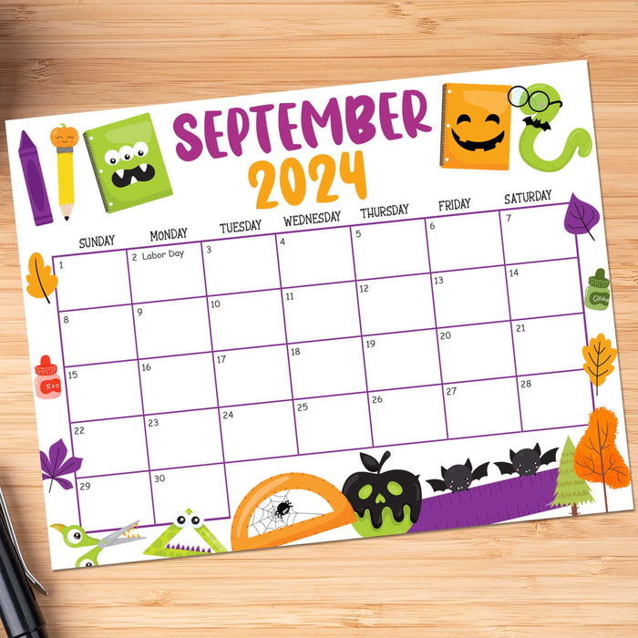 School Themed September 2024 Printable Calendar