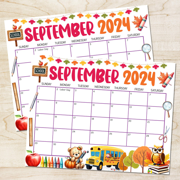 Academic Back to School Printable Calendar September 2024