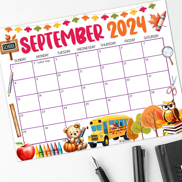 Academic Back to School Printable Calendar September 2024