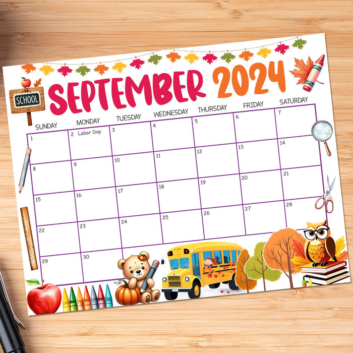 Academic Back to School Printable Calendar September 2024