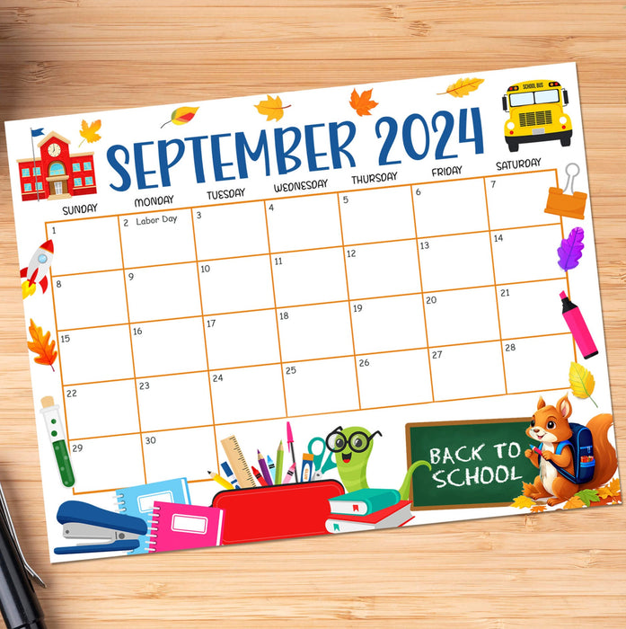 September 2024 Calendar for Back to School Theme Calendar Planner