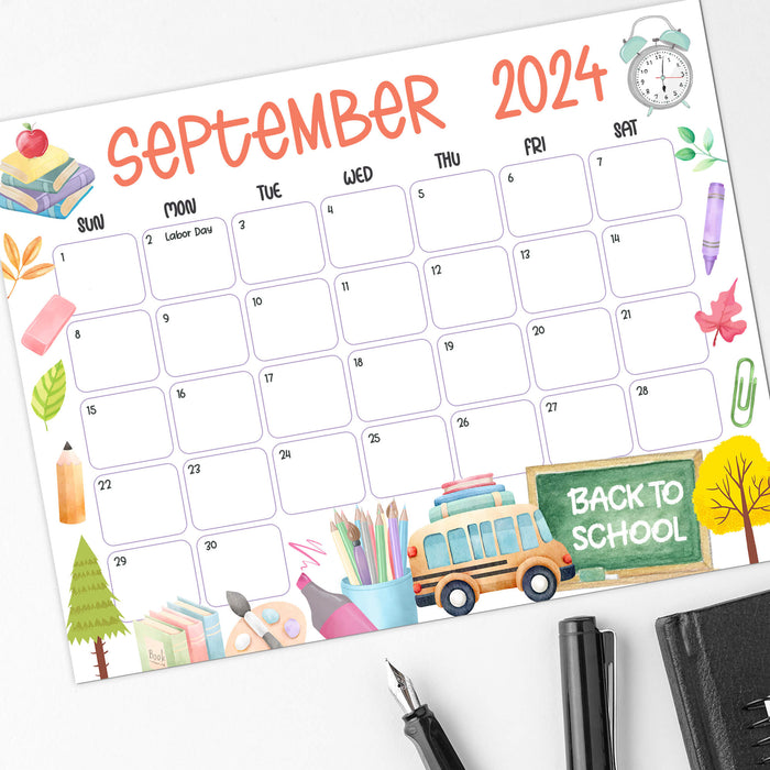 Printable September 2024 Back to School Theme Calendar Planner