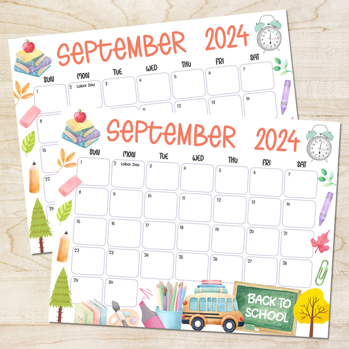 Printable September 2024 Back to School Theme Calendar Planner