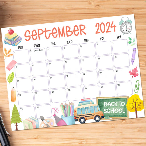 Printable September 2024 Back to School Theme Calendar Planner