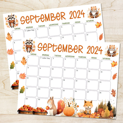 Printable September 2024 Calendar with Fall Animals