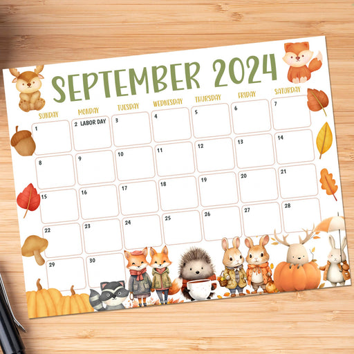 September 2024 Calendar Featuring Fall Animals