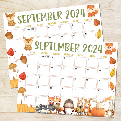 September 2024 Calendar Featuring Fall Animals